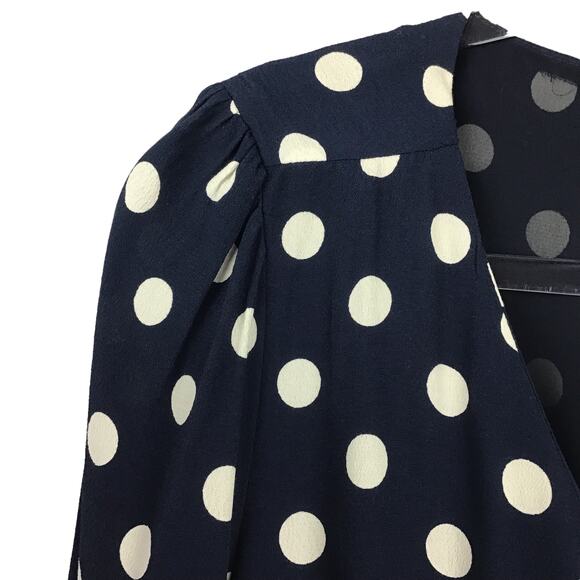 J Crew Navy Blue Cream Polka Dot Silky Peplum Crepe Fitted Button Up Down Top 10 - Picture 6 of 9